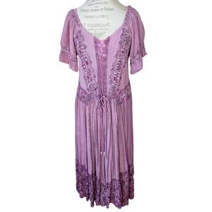 Coline Peasant Dress Womens XXL Purple Stone Wash Embroidered Renaissance Fair